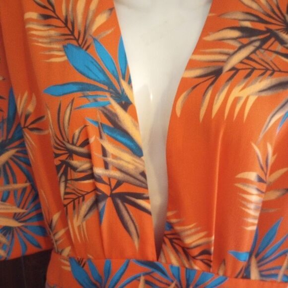 Tropical Print Mini Dress Deep V Cut Front And Back Belted Pleated Front - Picture 4 of 10